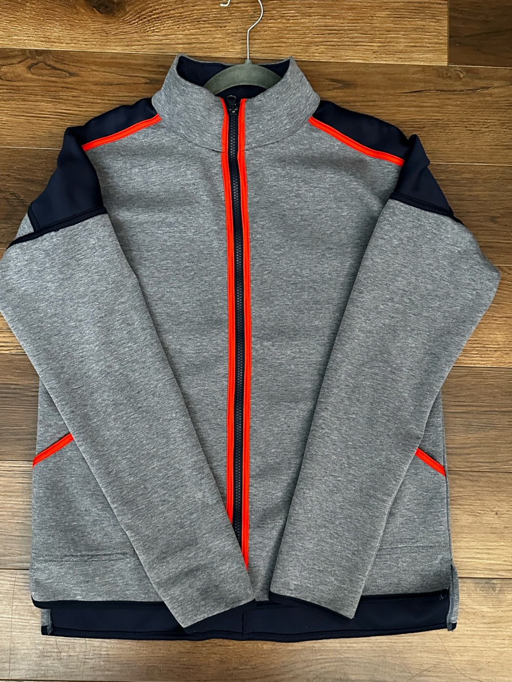 Champion Women's Grey Zip-Up Sweater with Navy Panels and Red Trim